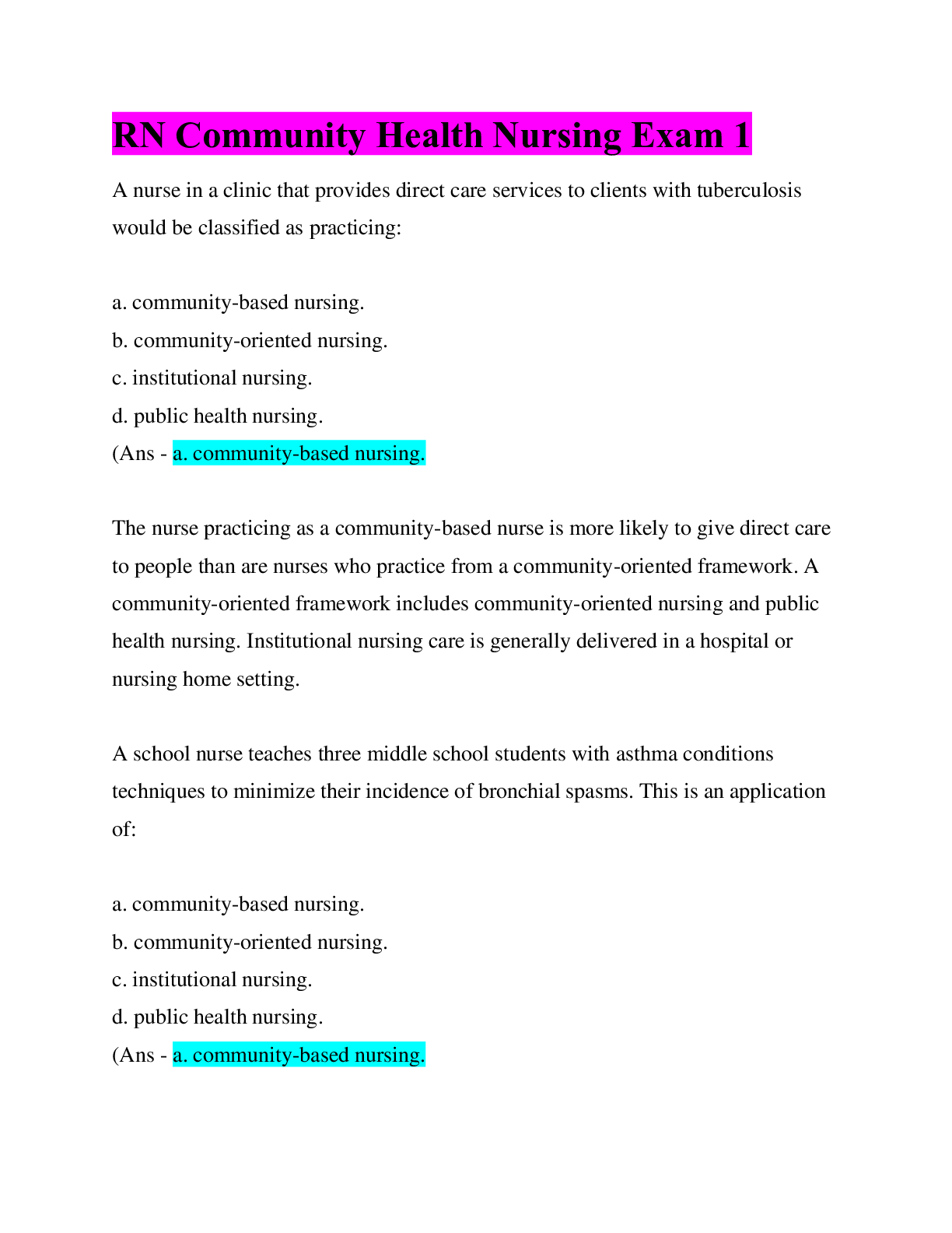 RN Community Health Nursing Exam 1;Questions & Answers; A+ Score